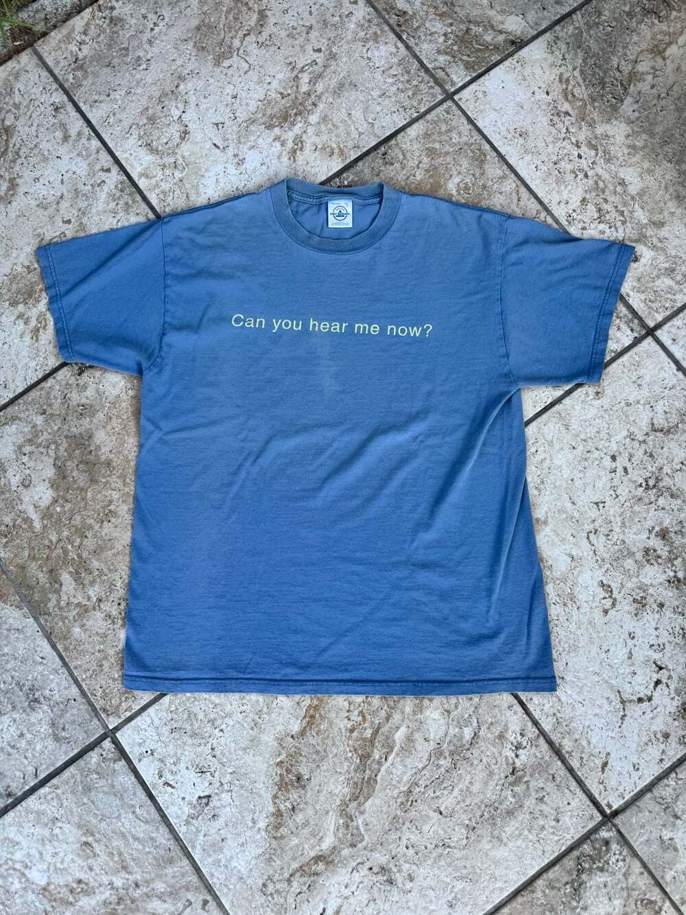 Vintage Delta Pro Weight Can You Hear Me Now Blue Graphic T-Shirt Size L